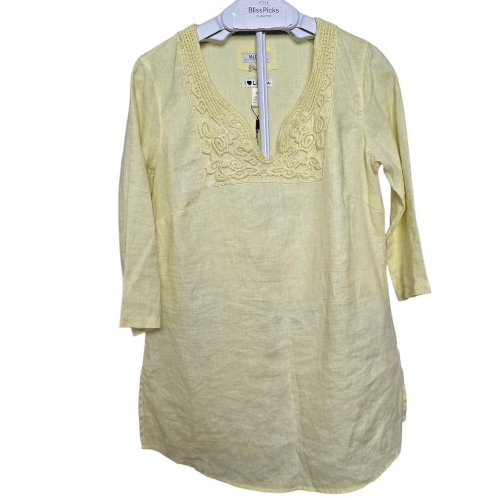 NWT Malvin Hamburg Germany Linen Tunic XL Butter Yellow Embroidery Anthropologie